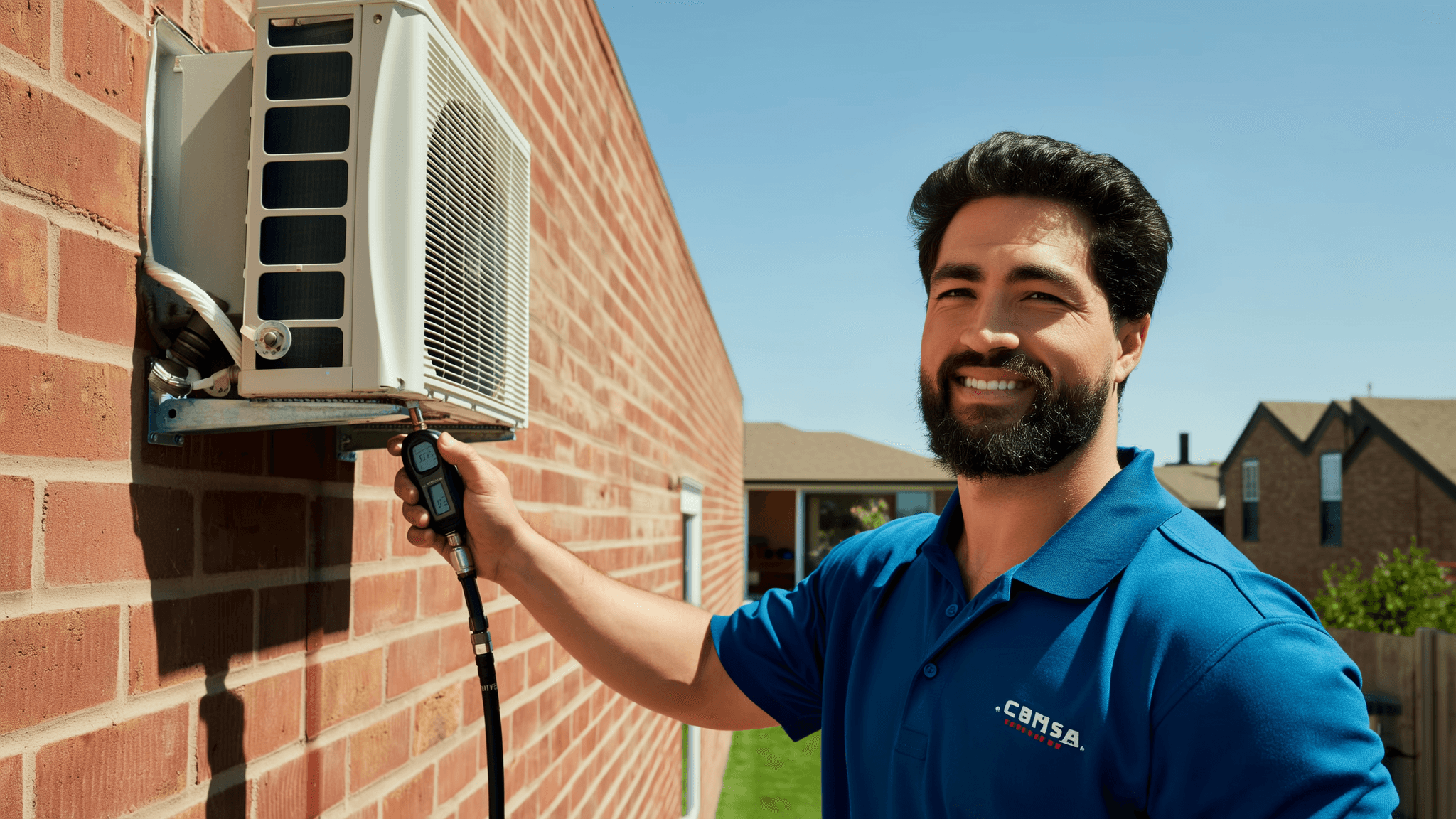 HVAC technician using a digital multimeter and pressure gauge on an outdoor AC condenser at a Texas home