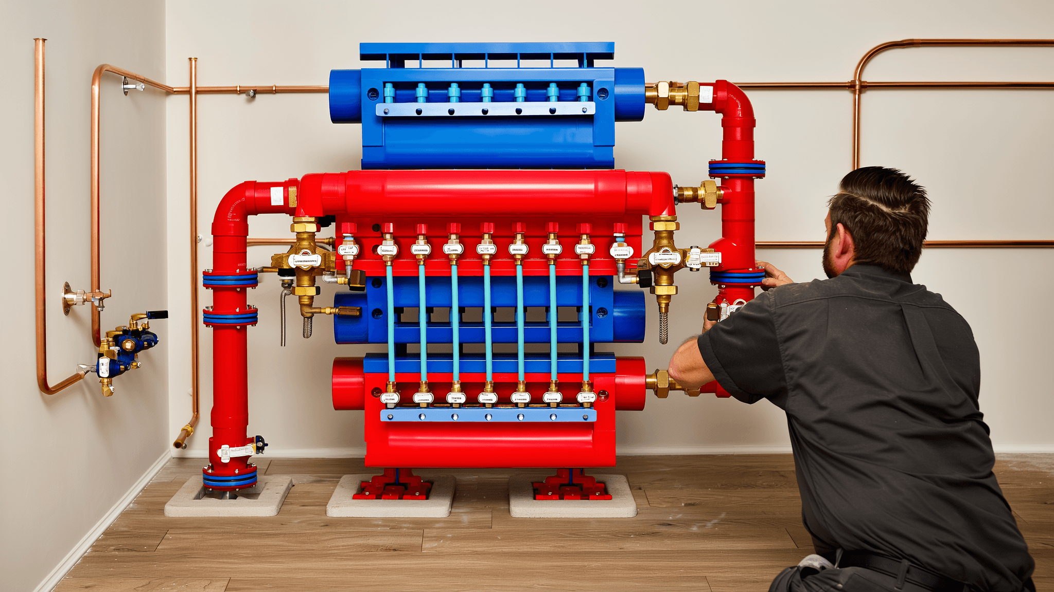 Plumber routing a residential repipe with a clean PEX manifold and copper supply lines