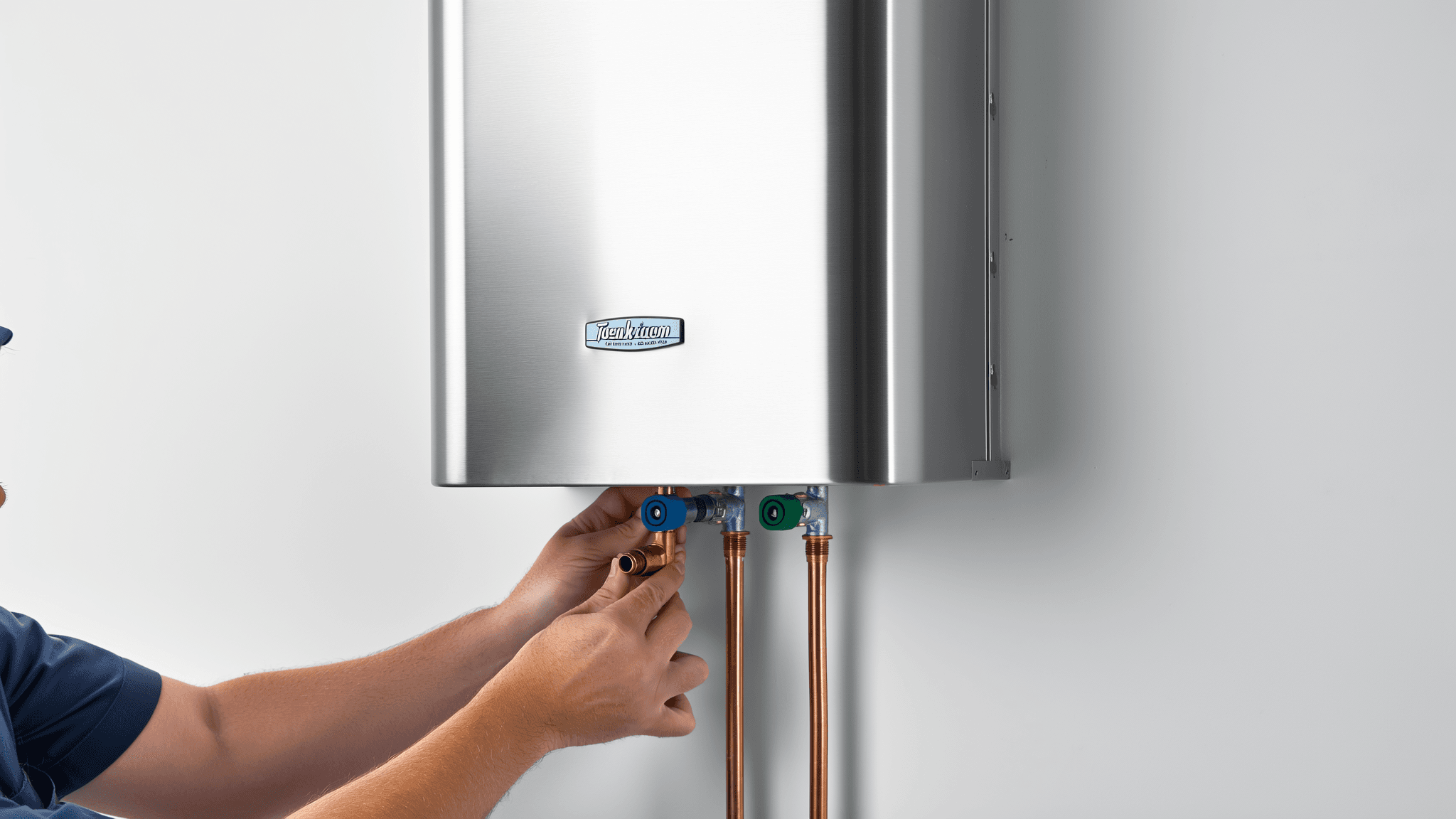 Close-up of a stainless tankless water heater being installed on a residential utility room wall