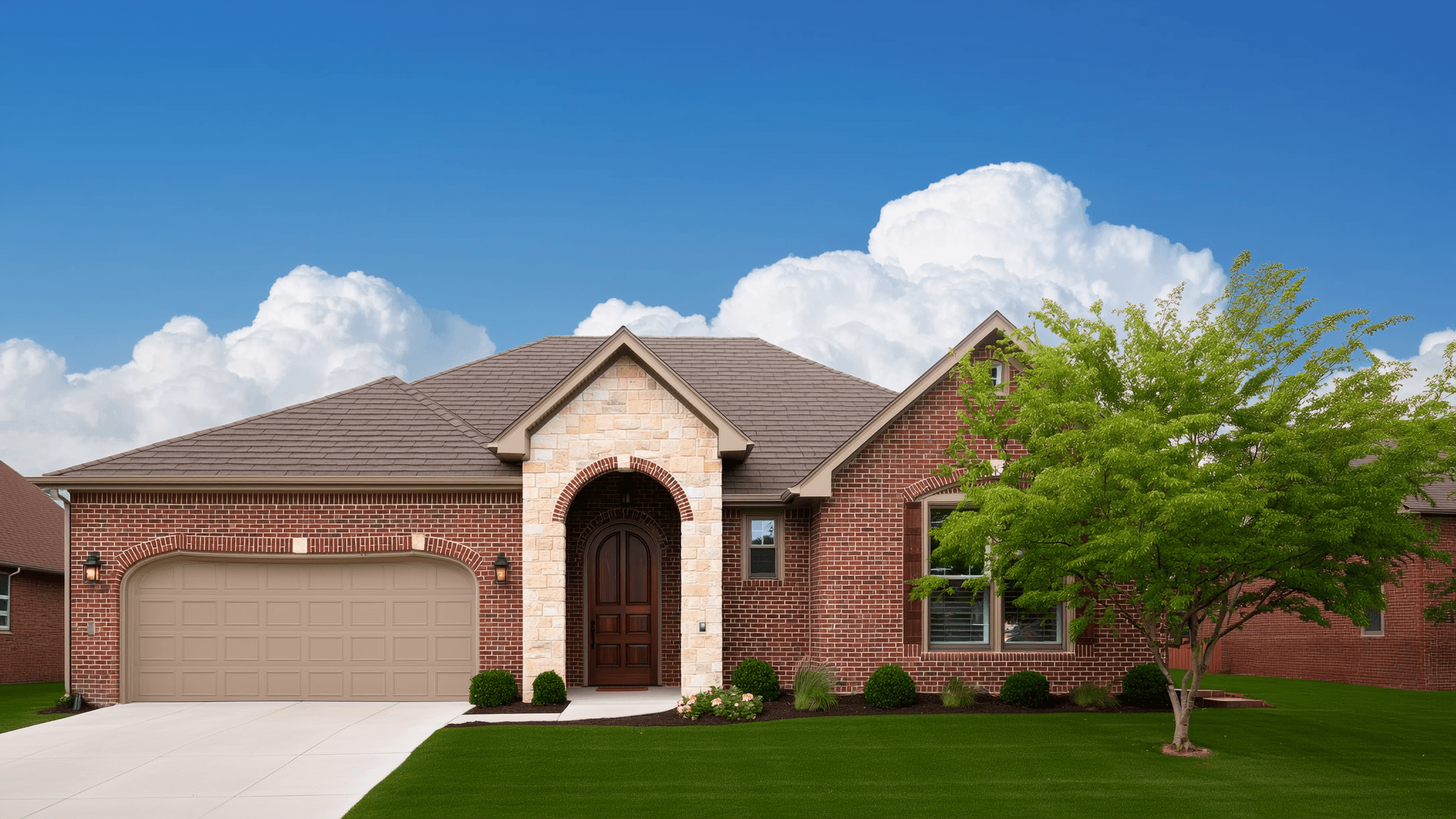 DFW-area Texas suburban home with limestone arched entryway