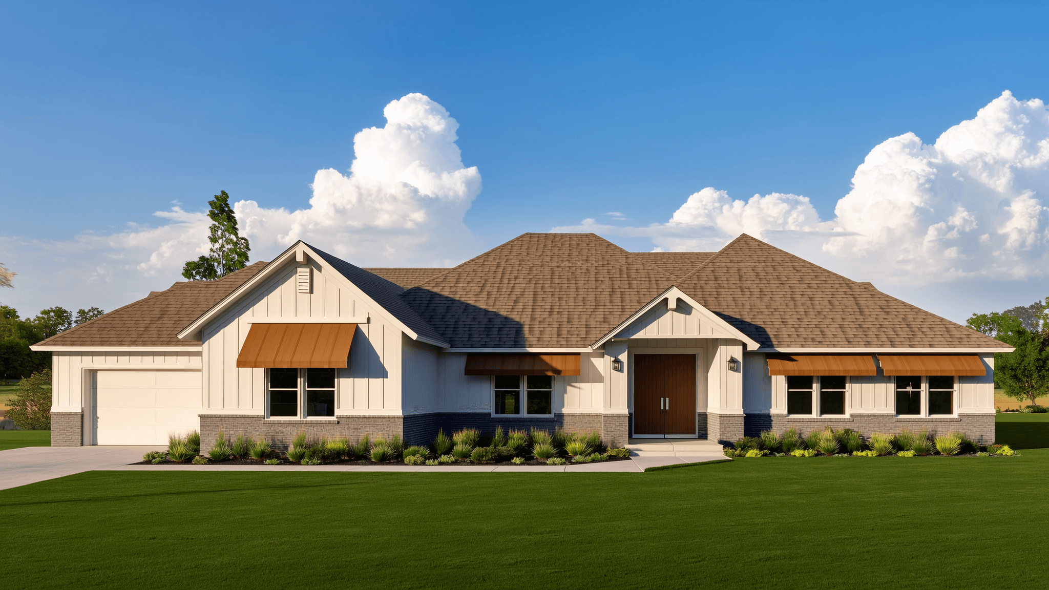 Texas modern farmhouse with mixed gray brick and white board-and-batten siding