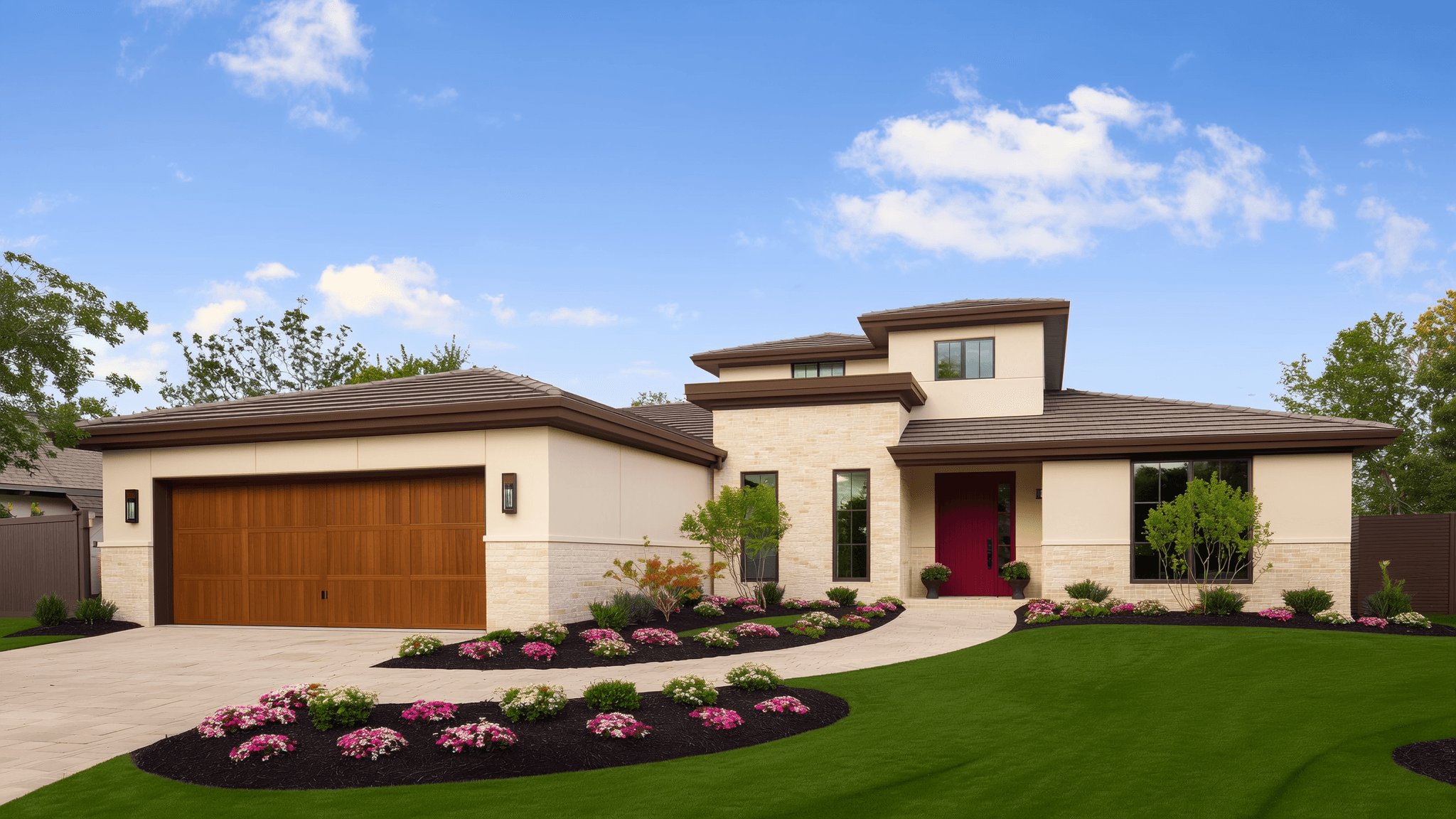 Modern Texas suburban home with cream limestone, brick, manicured lawn, and welcoming covered front porch