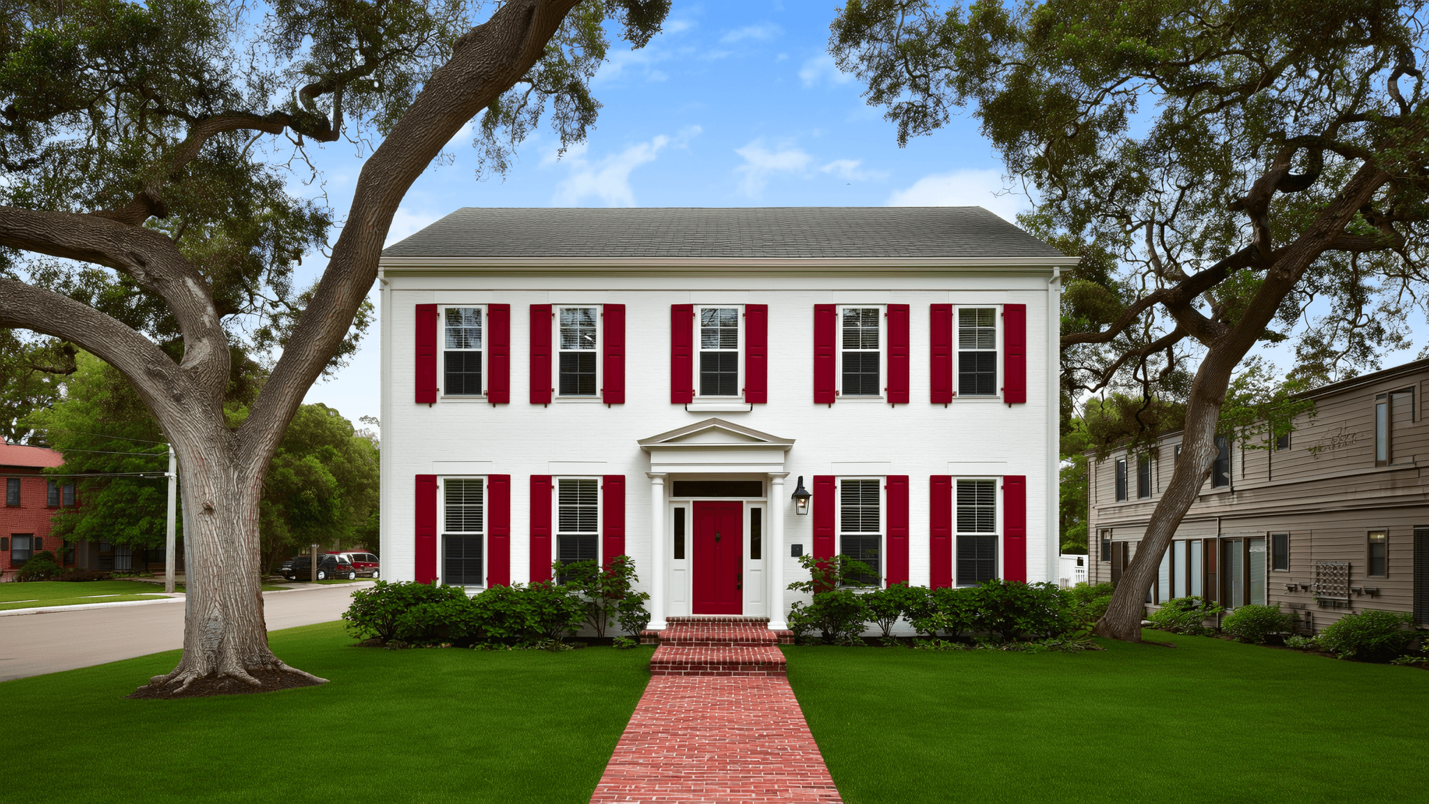 Established Houston-area traditional brick home framed by mature live oaks