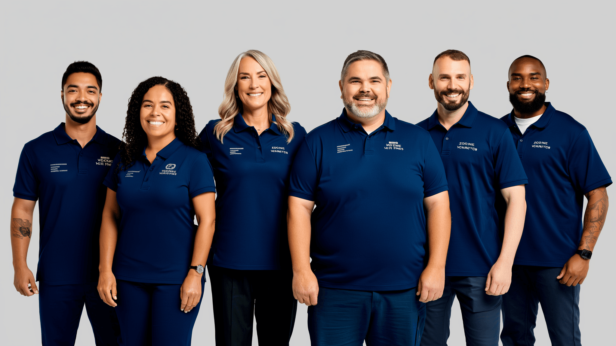 Friendly USHS team of home services technicians in matching navy polos — group portrait
