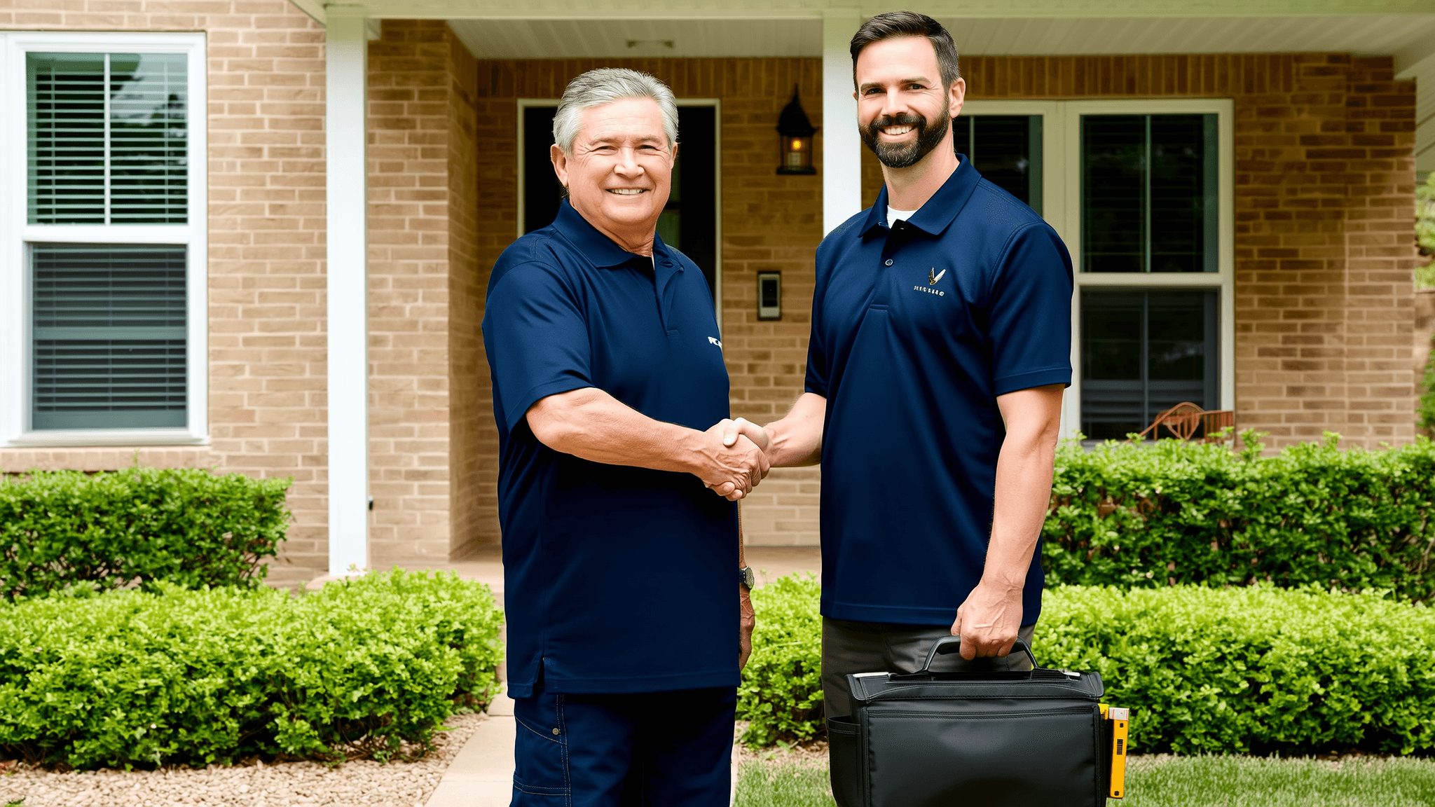 USHS technician shaking hands with a homeowner at the front door of a Texas suburban home