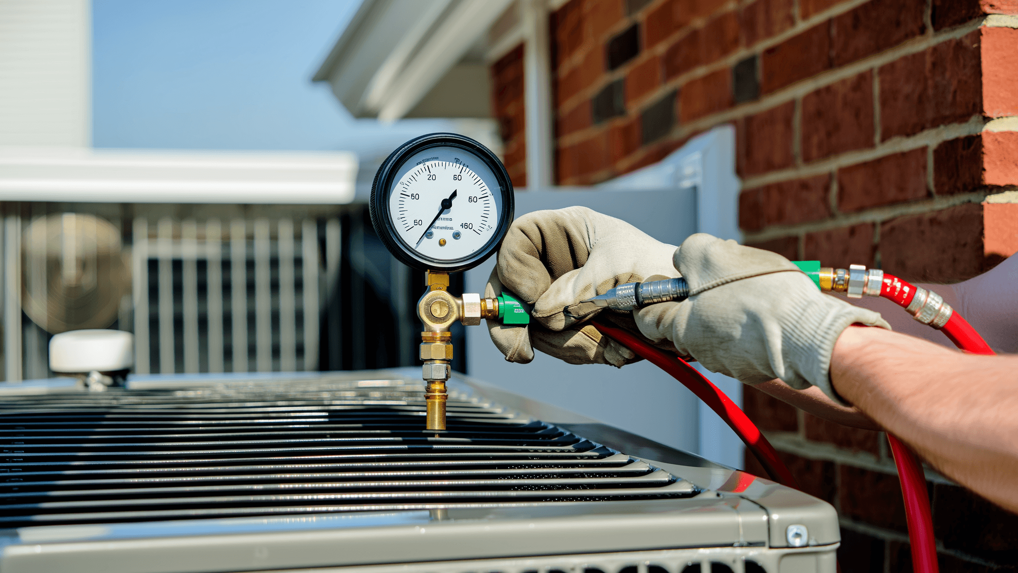 Professional HVAC technician with pressure gauge at a residential AC unit
