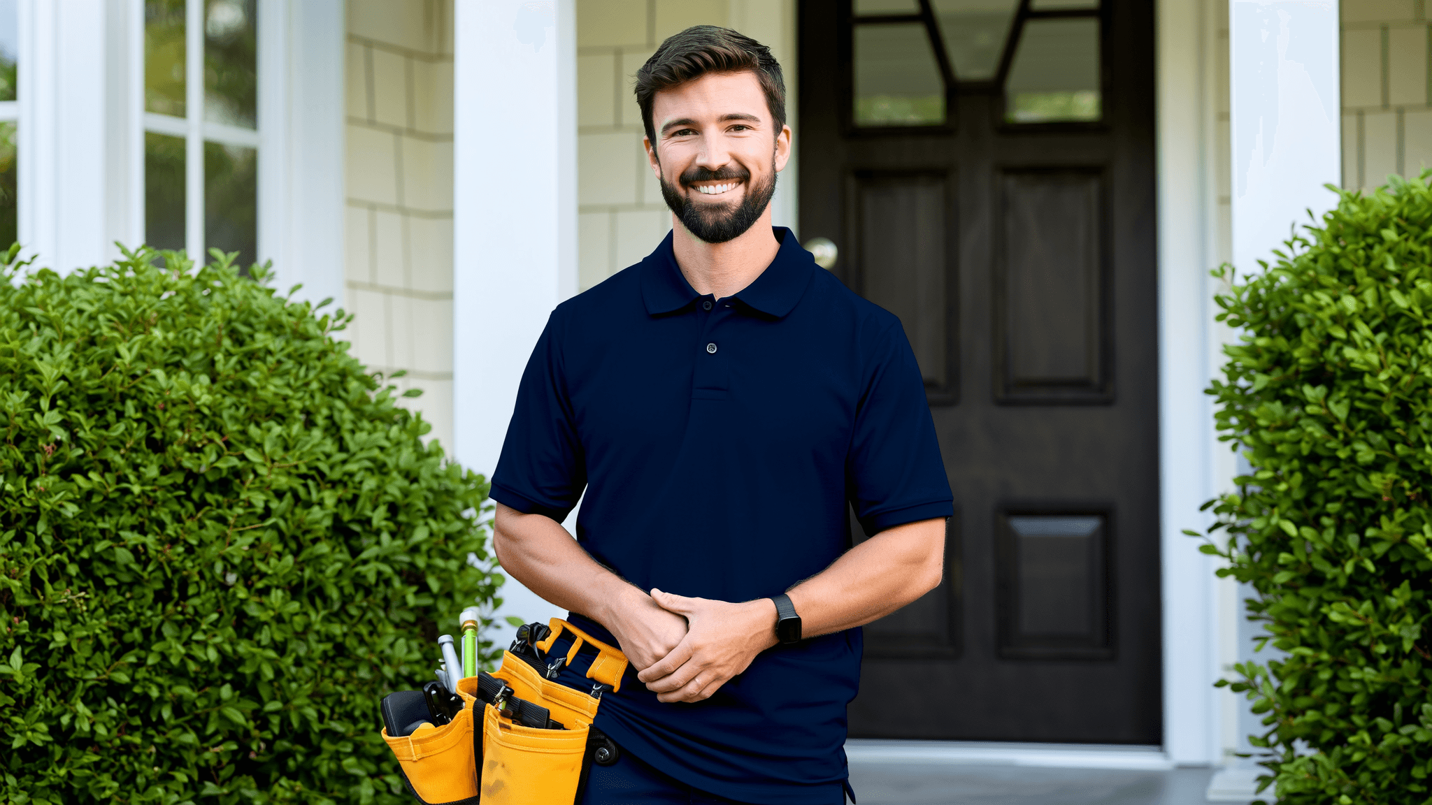 Friendly home services technician with toolbag at a customer's front door