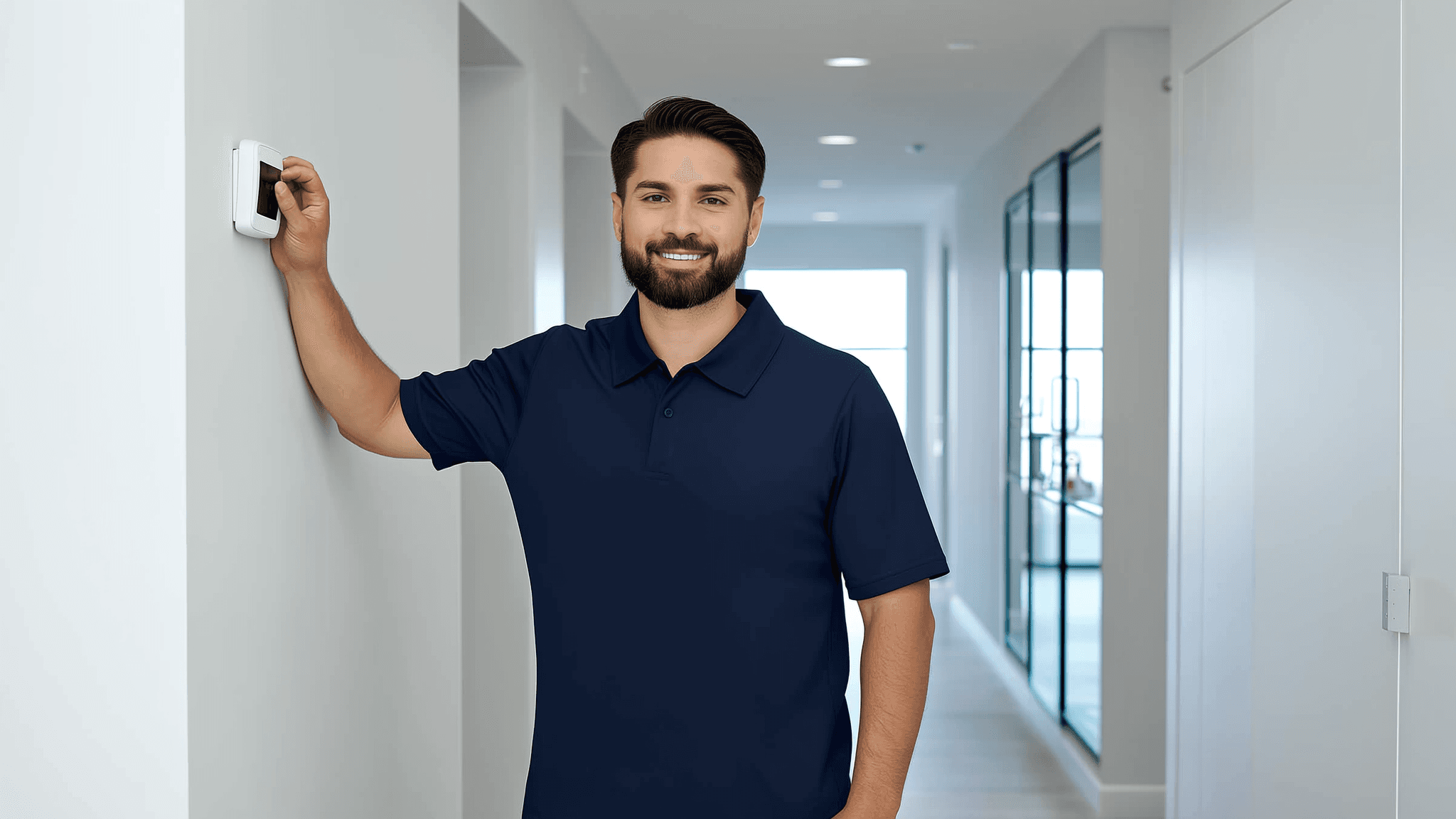 Friendly HVAC technician adjusting a smart thermostat in a modern Texas suburban home interior