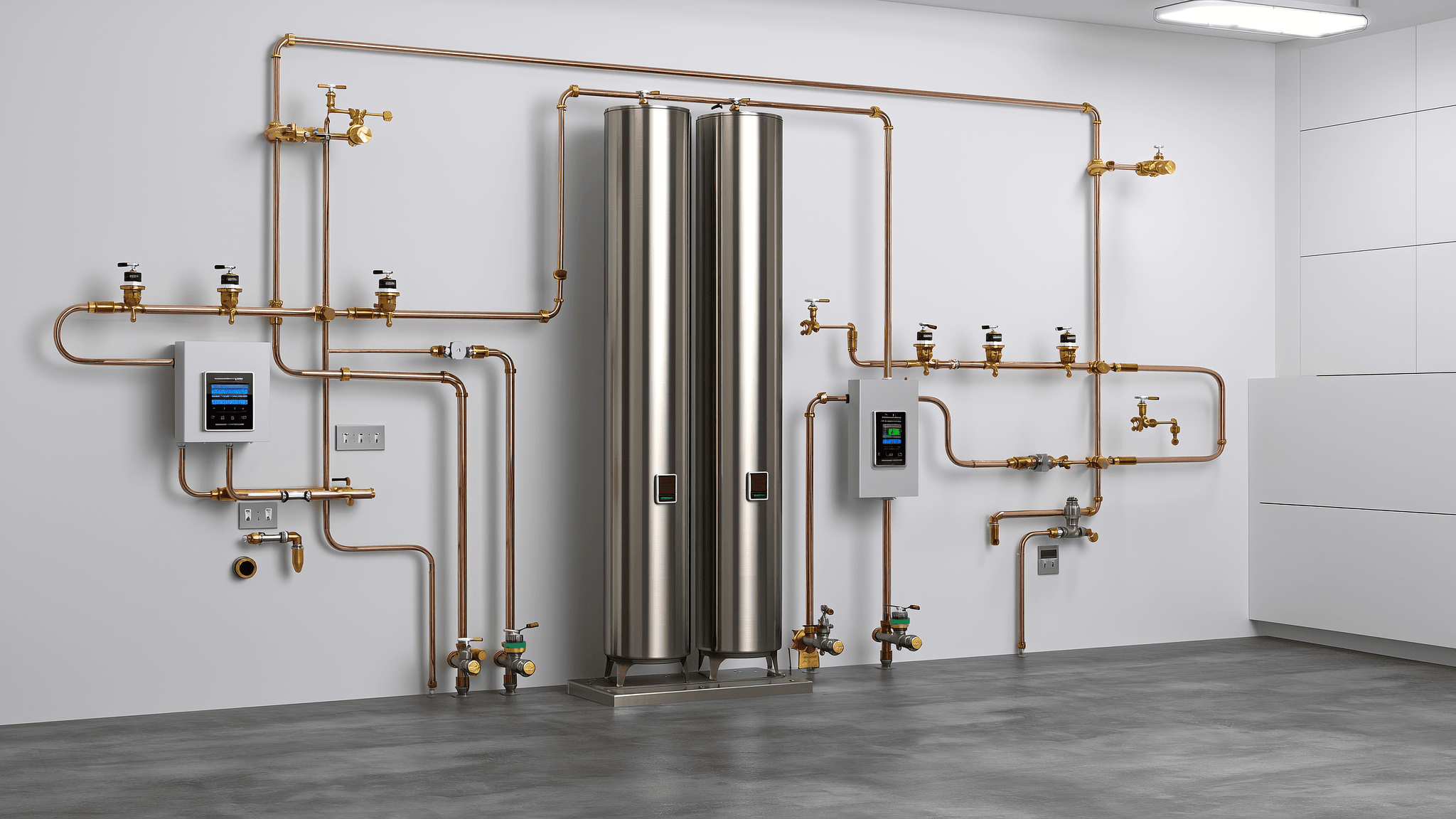 Professional whole-home water filtration system with stainless tanks, copper supply lines, and digital control panel installed in a Texas residential utility room